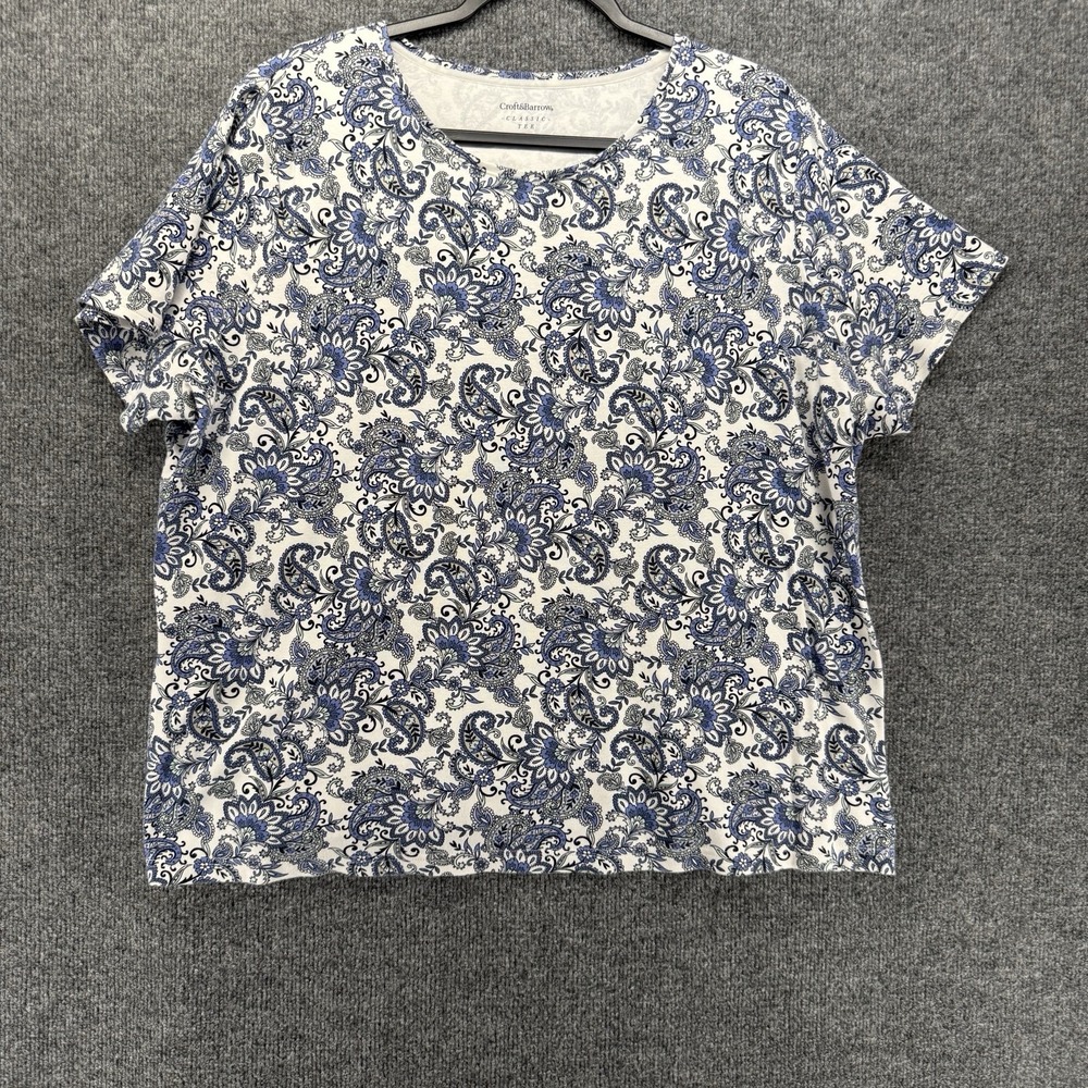 Croft & Barrow Top Womens 2X Blue Paisley Round Neck Short Sleeve Boho Casual